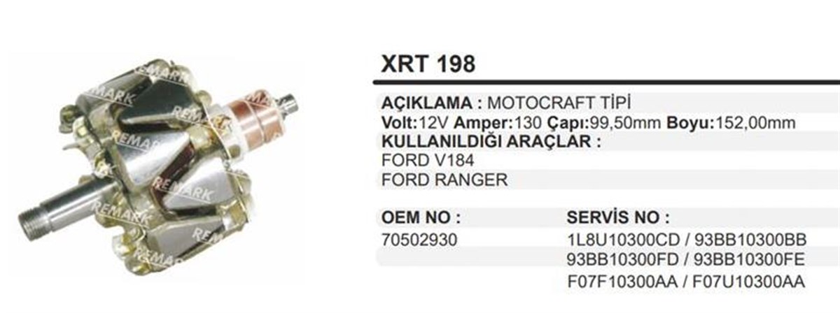 Rotor 12V 130Ah Ford Ranger V184 M Craft Xrt198