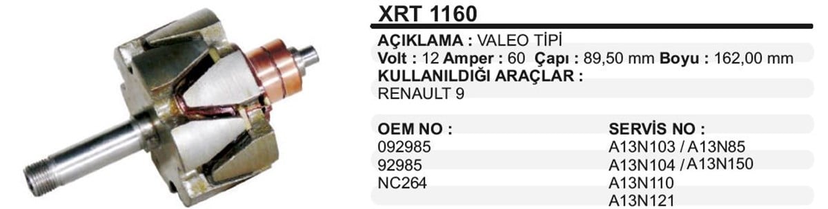 Rotor 12V 60Ah R9 Valeo Tip Xrt1160