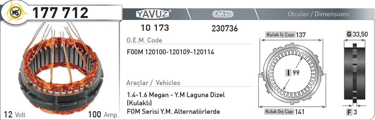 Statör 12V 100Ah Megan Laguna Ym Dizel Nur177712 | Nursan 177712