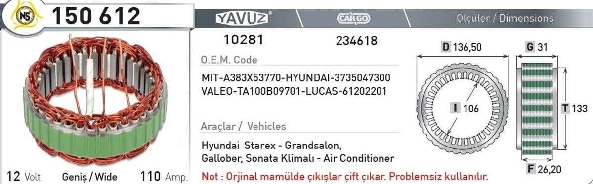 Statör 12V 110Ah L200 300 Ym 150612 | Nursan 150612