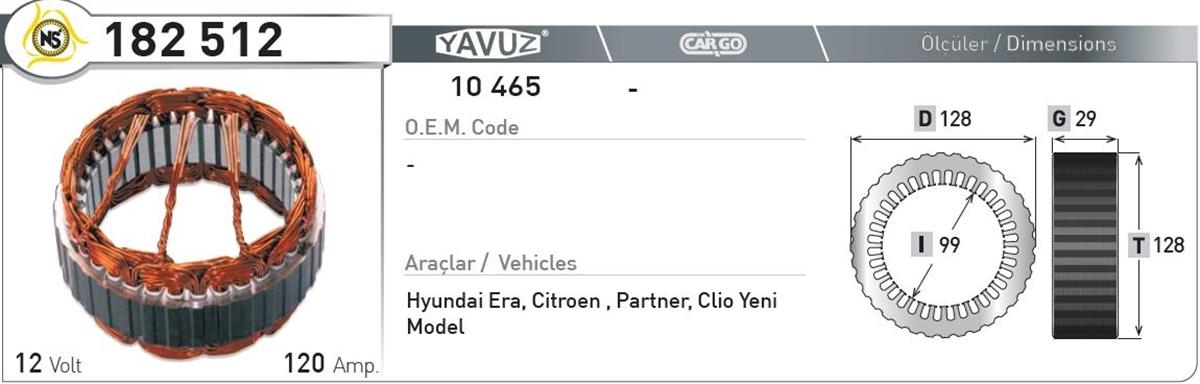 Statör 12V 120Ah Hyundai Accent Era Clio Ym Pejo | Nursan 182512