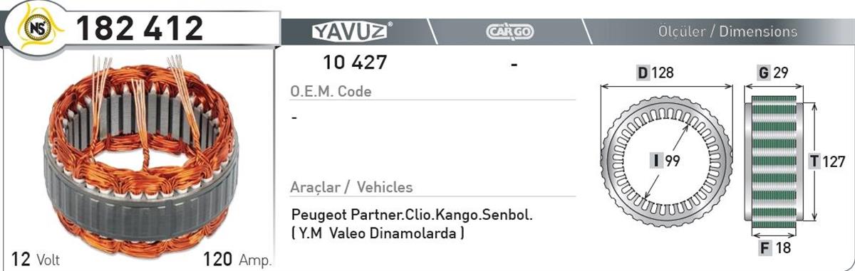 Statör 12V 120Ah Peugeot Partner Renault 182412 | Nursan 182412