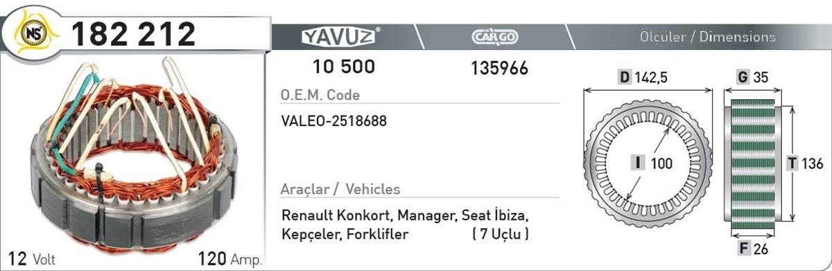 Statör 12V 120Ah Valeo Sult 182212 | Nursan 182212