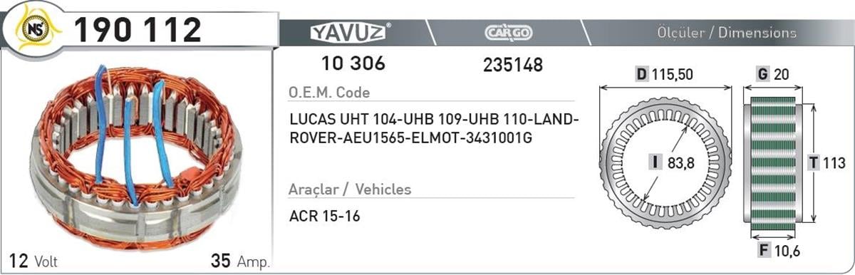 Statör 12V 35Ah Lucas V Acr 15 190112 | Nursan 190112