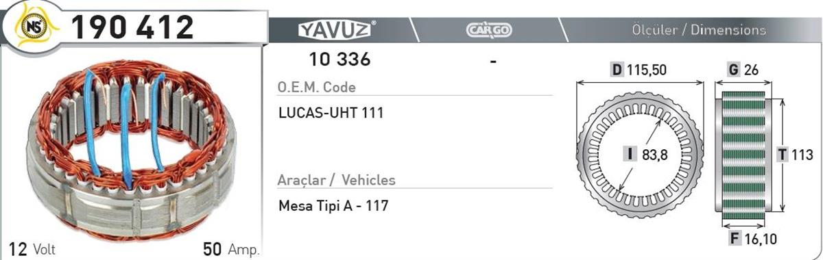 Statör 12V 50Ah Lucas 117 190412 | Nursan 190412
