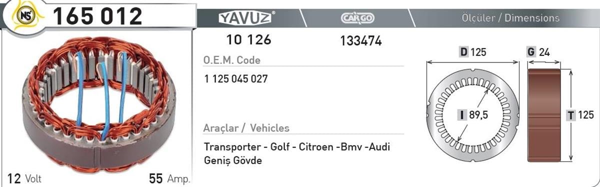 Statör 12V 55Ah Bosch G24*I89,5*D125 165012 | Nursan 165012