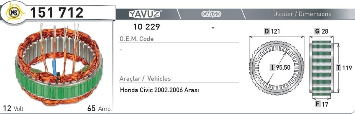 Statör 12V 65Ah Honda Cıvıc 2002 Nur151712 | Nursan 151712