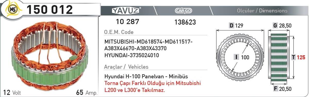 Statör 12V 65Ah Japon H100*F20,5*I100*T125 | Nursan 150012