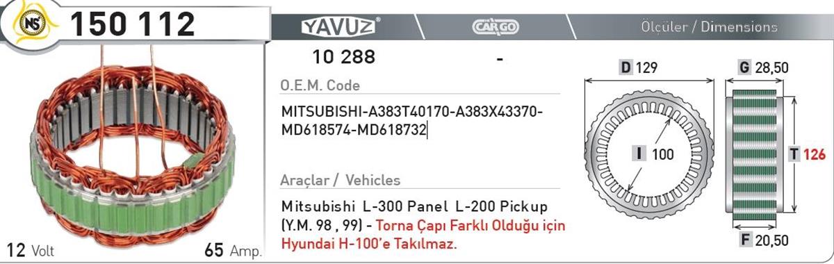 Statör 12V 65Ah L200 L300 Ym Y102881 150112 | Nursan 150112