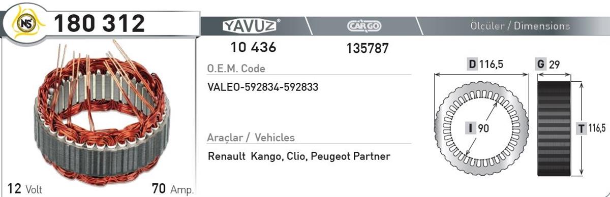 Statör 12V 70Ah Valeo 180312 | Nursan 180312