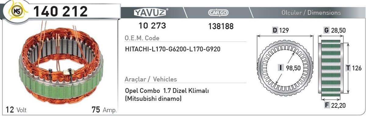 Statör 12V 75Ah Opel Combo 1,7 Dizel/Klimalı | Nursan 140212