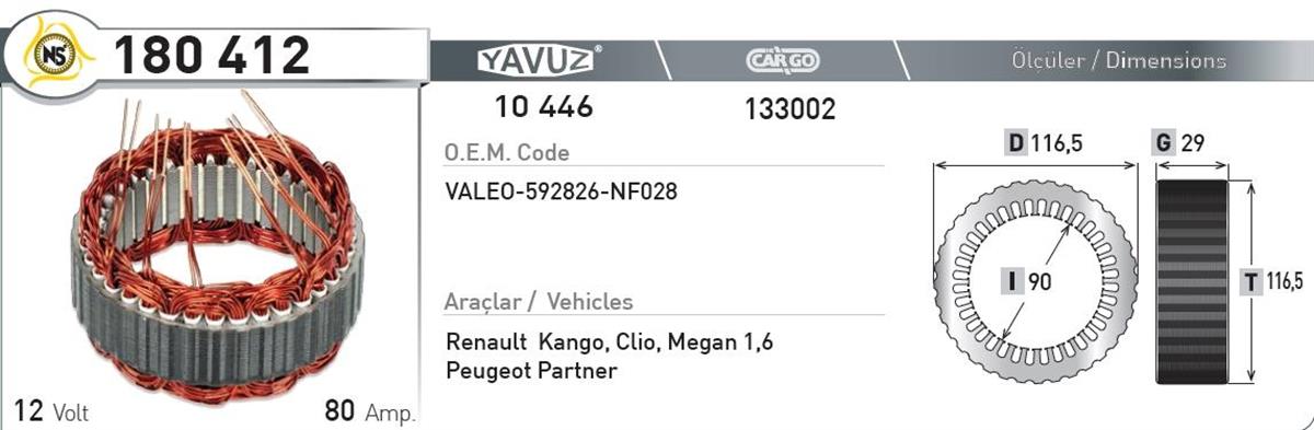 Statör 12V 80Ah Valeo 180412 | Nursan 180412