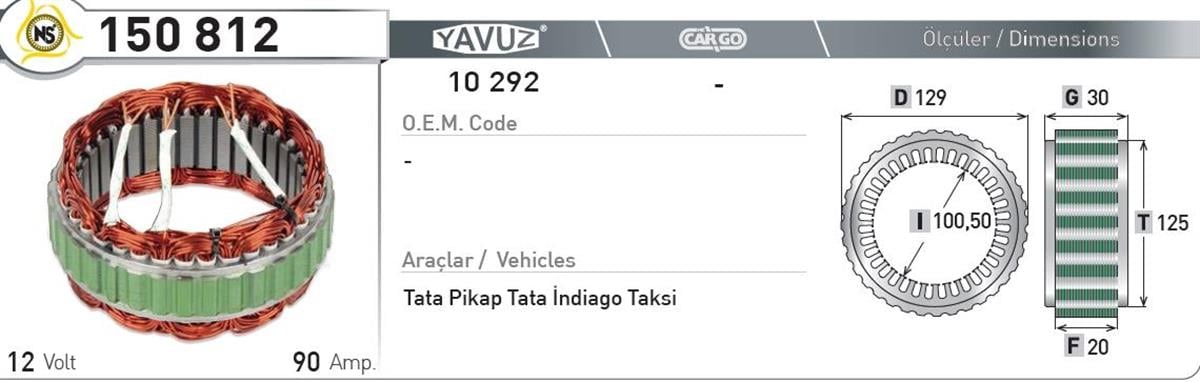 Statör 12V 90Ah Tata Pick Up 150812 10292 | Nursan 150812