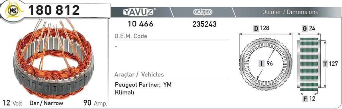 Statör 12V 90Ah Valeo Ym 180812 | Nursan 180812