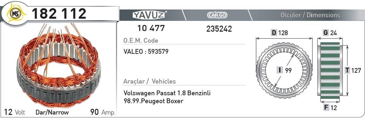 Statör 12V 90Ah Vw Passat 1,8 Pejo Boxer | Nursan 182112
