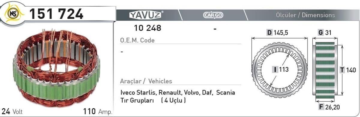 Statör 24V 110Ah Scanıa Iveco Tır Grubu | Nursan 151724