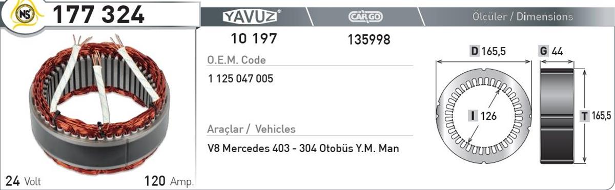Statör 24V 120Ah Japon *G44*I126*D165,5* 177324 | Nursan 177324