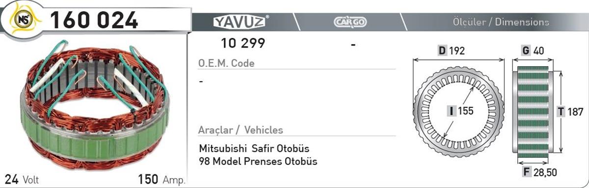 Statör 24V 150Ah Mıtsubıshı Safir 98 Mod | Nursan 160024