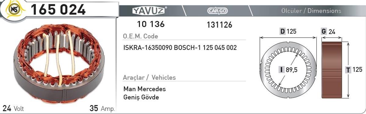 Statör 24V 35Ah Bosch G24*I89,5*D125 165024 | Nursan 165024