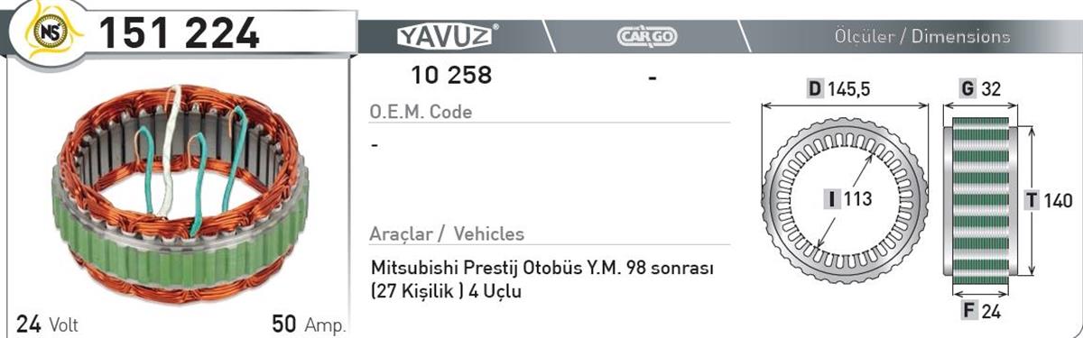 Statör 24V 50Ah Mıtsubıshı Prestij 151224 | Nursan 151224