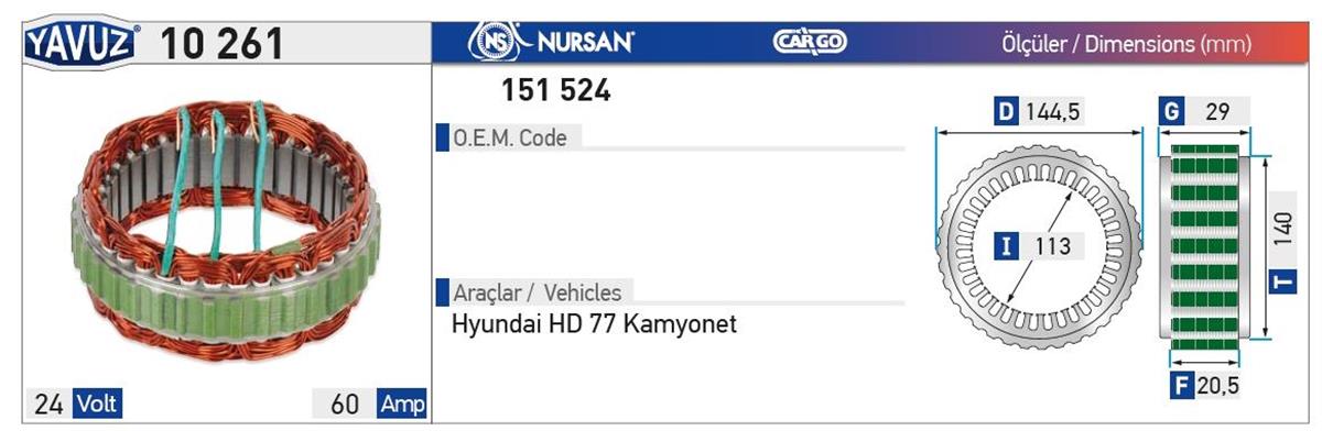 Statör 24V 60Ah Hıtachı Mıtsubıshı Tip Hyundaı Kamyonet | Nursan 151524