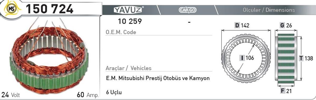 Statör 24V 60Ah Japon Mıtsubıshı 150724 | Nursan 150724