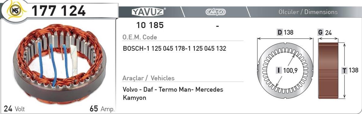 Statör 24V 65Ah Mercedes G24*I100,9*T138 177124 | Nursan 177124