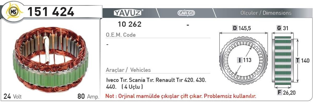 Statör 24V 80Ah Iveco Scanıa Reno Tır Nur151424 | Nursan 151424