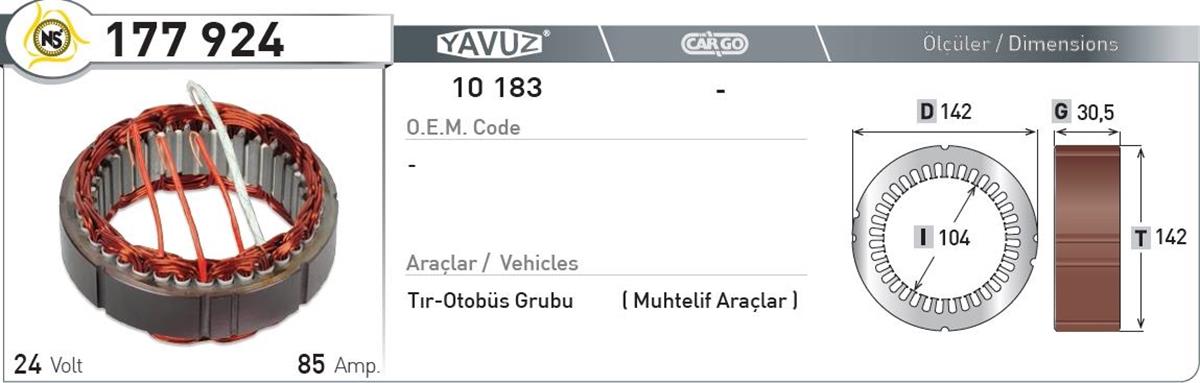 Statör 24V 85Ah Boschtip G30,5*I104*D142*177924 | Nursan 177924