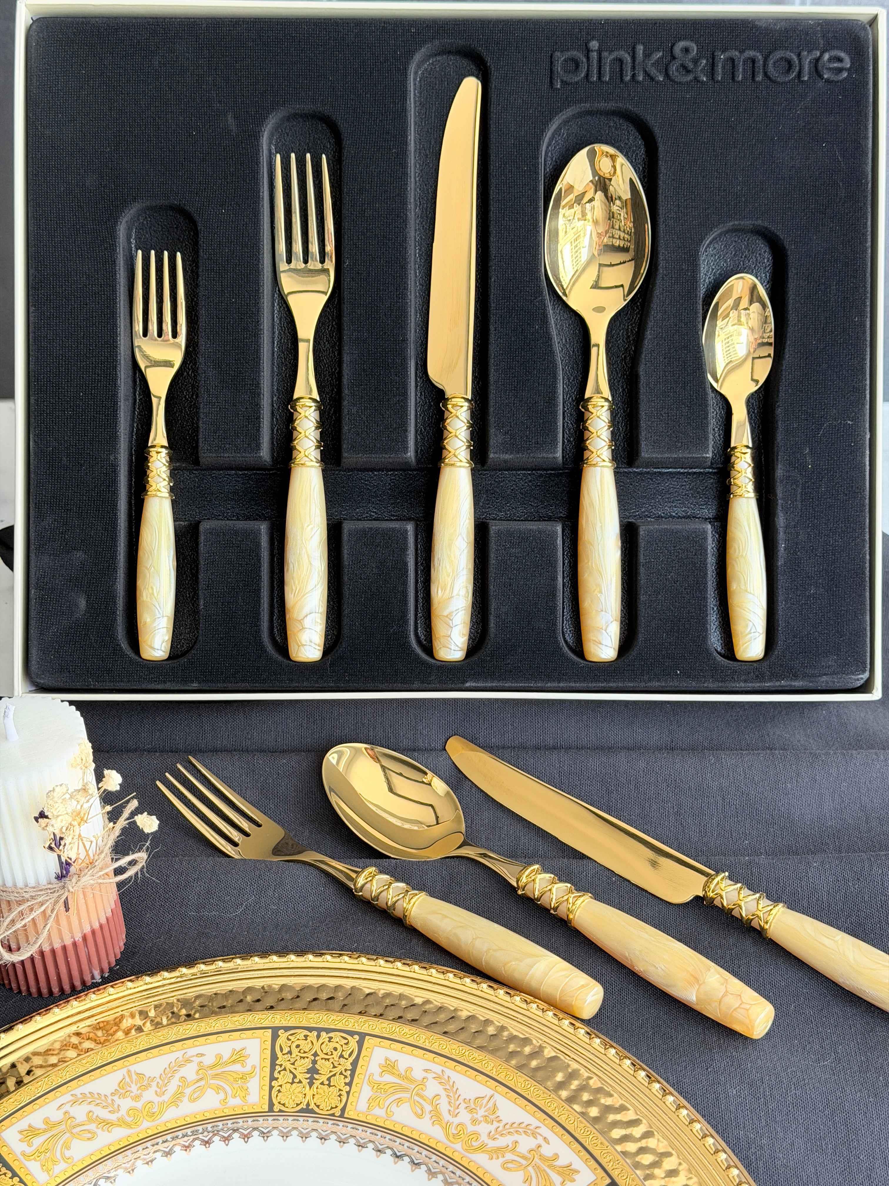 Çatal Kaşık Bıçak Takımı 30 Parça 6 Kişilik Mihri Bej Gold