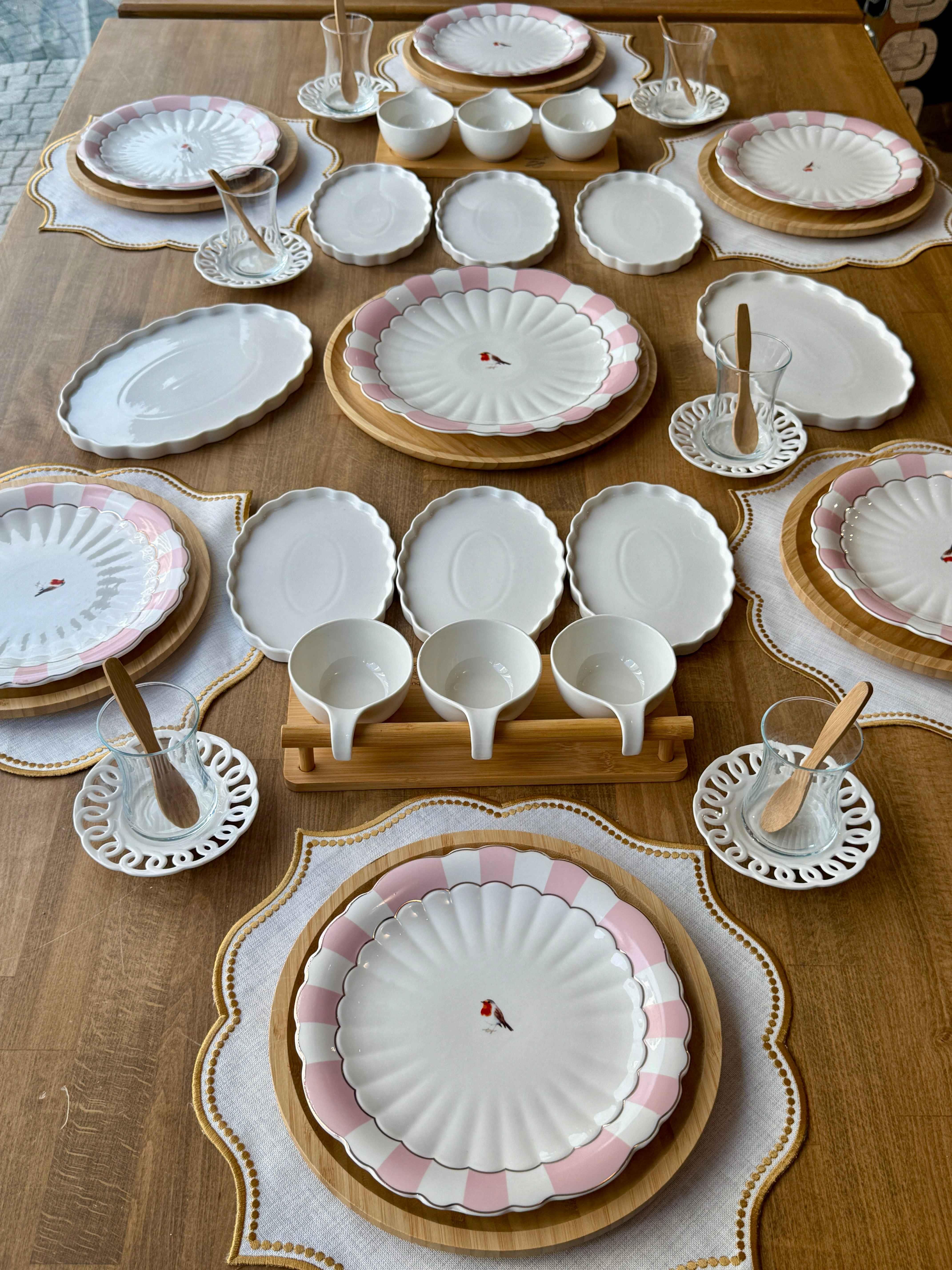 Kahvaltı Takımı Pink Bird 54 Parça 6 Kişilik