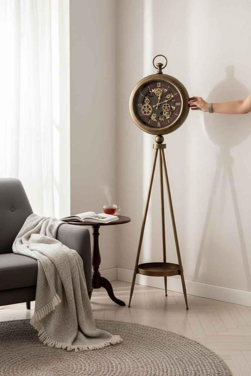 Loft Eskitme Gold Çarklı Tripod Ayaklı Dekoratif Saat
