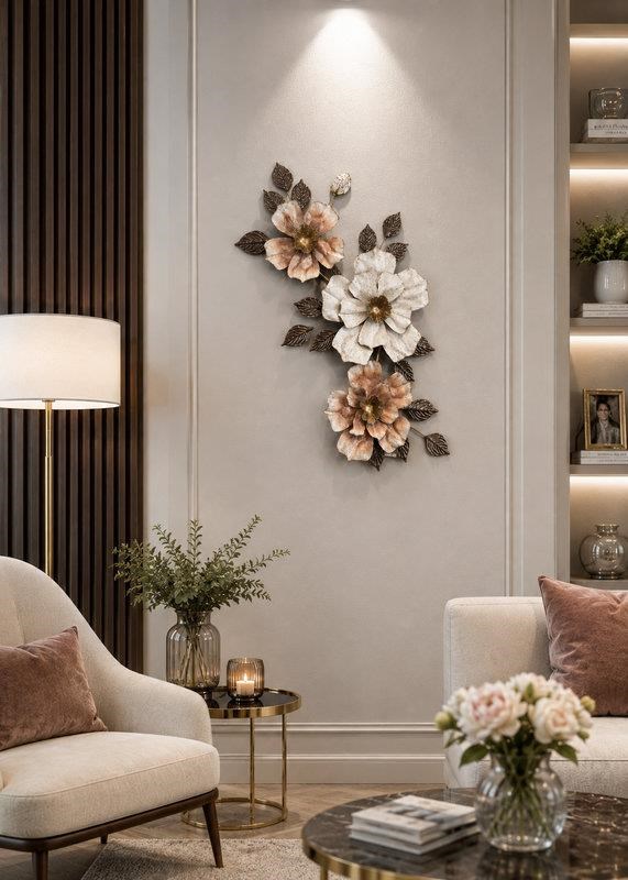 Metal Duvar Panosu 90x42cm Çiçek – Beyaz Bronz