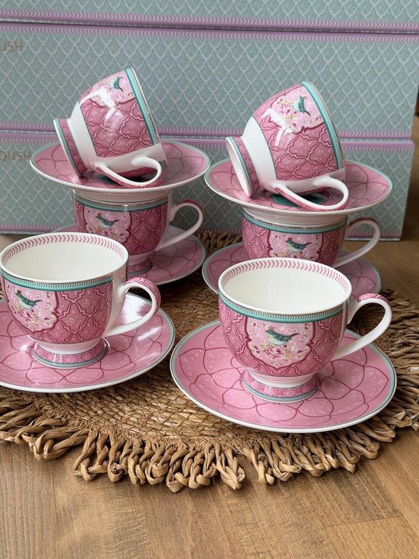 Porselen Çay Fincanı 6 Kişilik 12 Parça Qush Pembe