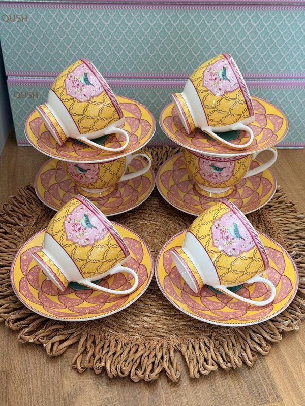 Porselen Çay Fincanı 6 Kişilik 12 Parça Qush Sarı