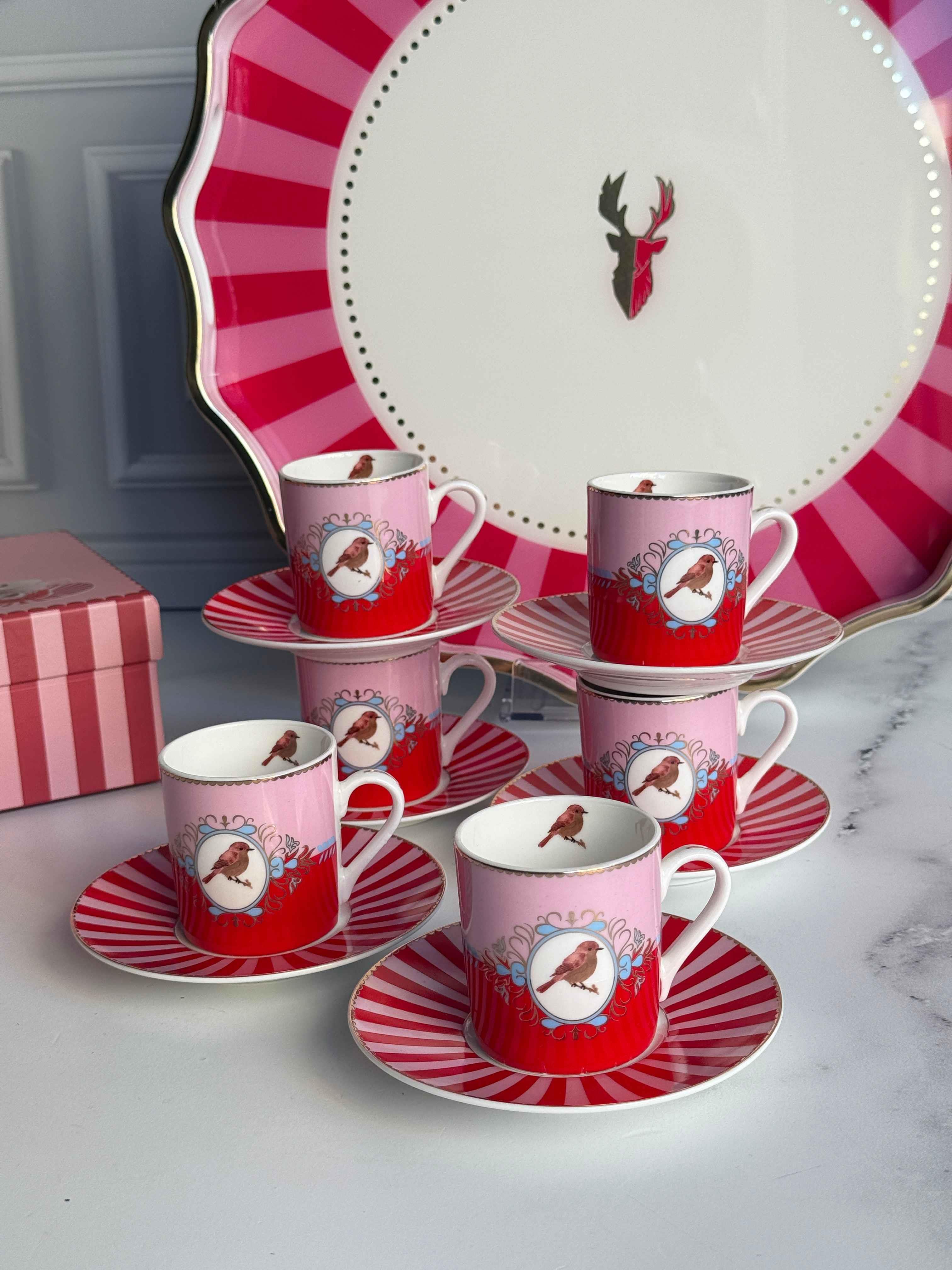 Türk Kahve Fincanı Bird Red&Pink 6 Kişilik 12 Parça