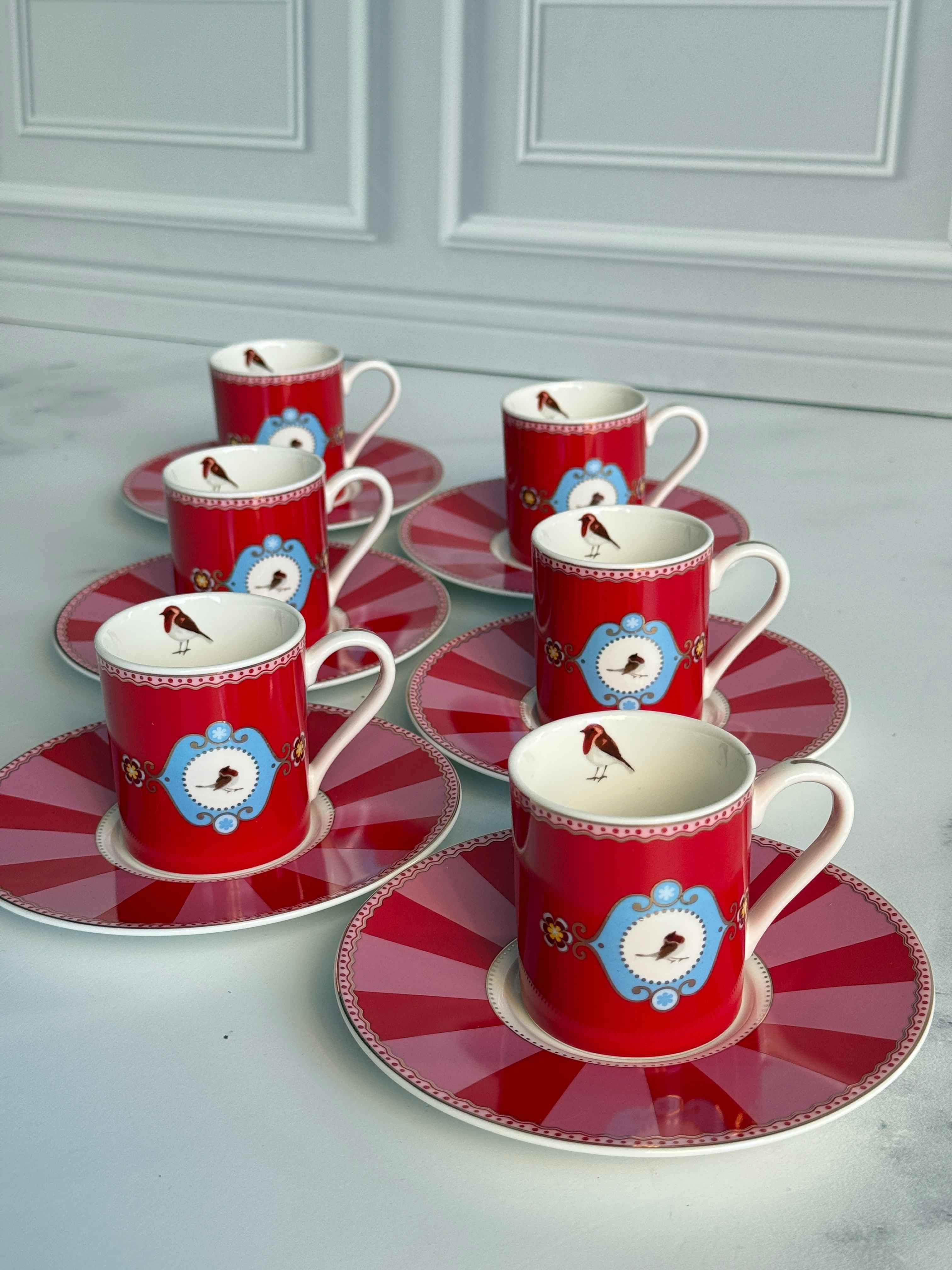 Türk Kahve Fincanı Birdy Red 6 Kişilik 12 Parça