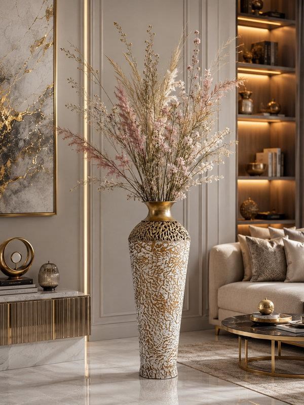 Vazo Eskitme Gold Beyaz Detaylı Metal Dekoratif 74cm