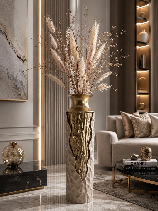 Vazo Eskitme Gold Detaylı Krem Dekoratif 65cm