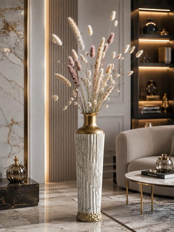 Vazo Eskitme Gold Detaylı Krem Dekoratif 72cm