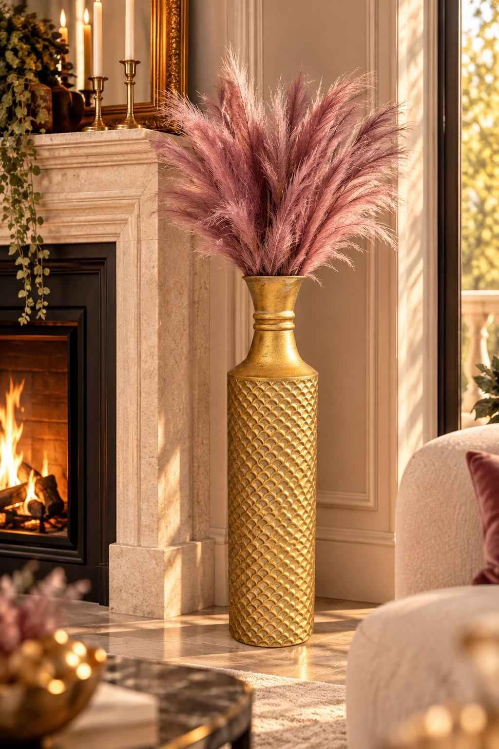 Vazo Eskitme Metal Gold Detaylı Dekoratif 83cm