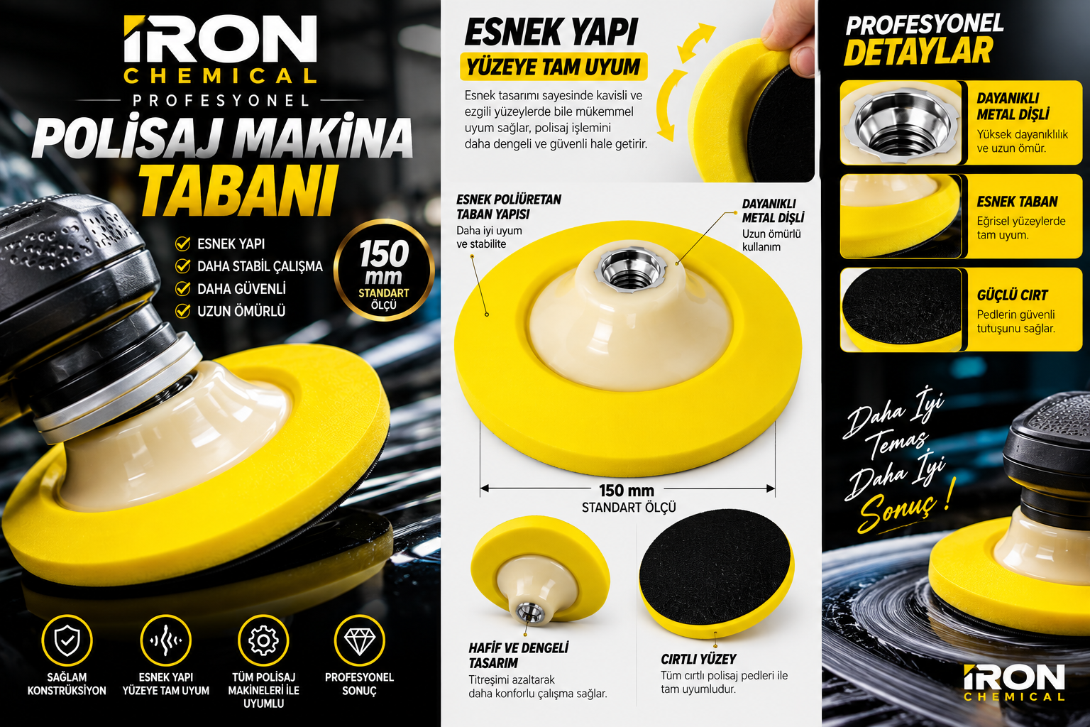 Esnek Polisaj Makinası Tabanı 150 mm Sarı – Cırtlı Profesyonel Pasta Cila Taban DiskiIRON  CHEMICALICPTB150MM