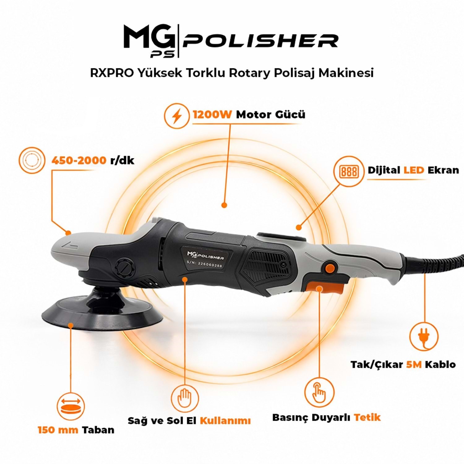 MG PS RPV002 Yüksek Torklu Rotary Polisaj Makinesi 1200W | Dijital LED Ekran Profesyonel Pasta CilaMG PSMGPSYKSKTRKDIGI