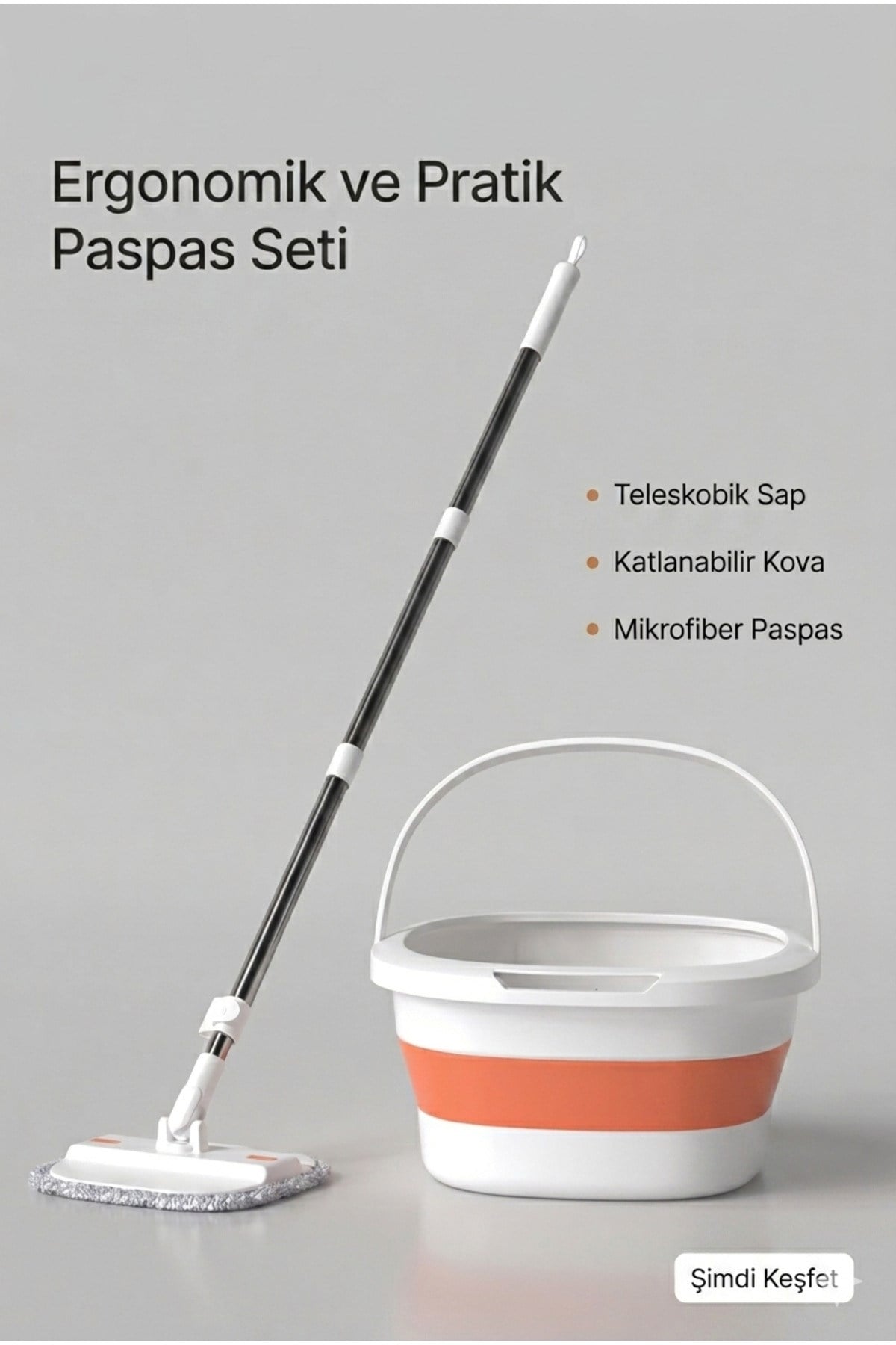 Yer Tasarruflu Katlanabilir Mop ve Kova Seti 360 Derece Dönen Üçgen Başlıklı Kendinden Sıkmalı Döndürmeli Mop
