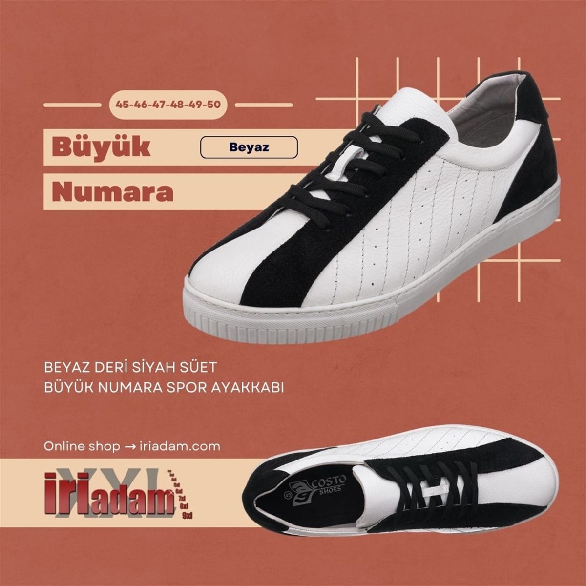 Beyaz Deri112, iriadam, 45 46 47 48 49 50 numara erkek spor deri ayakkabı, spor ayakkabı, büyük numara erkek spor, büyük beden geniş kalıp kaliteli deri spor ayakkabı, uygun fiyat