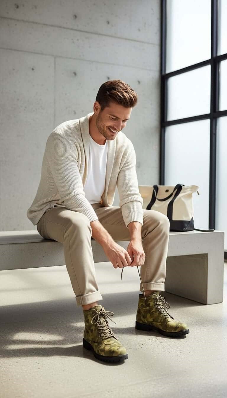 İriadam Extra H komando desen erkek botun gerçek insan ayağında oturarak kullanımını gösteren mankenli spor kombin görünümü