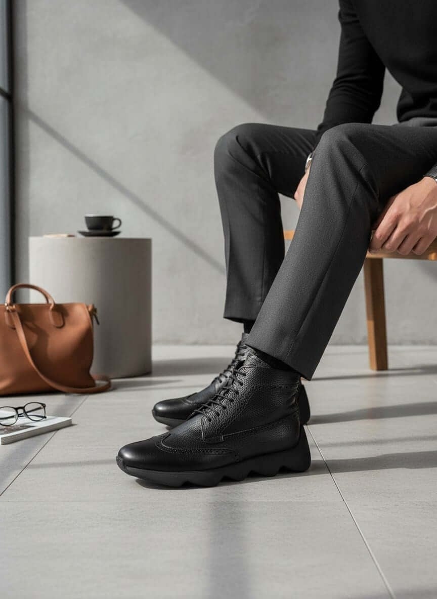 Costo Shoes ST4395 siyah deri erkek bot gerçek kullanımda yan görünüm, 45-50 numara ekstra rahat geniş kalıp