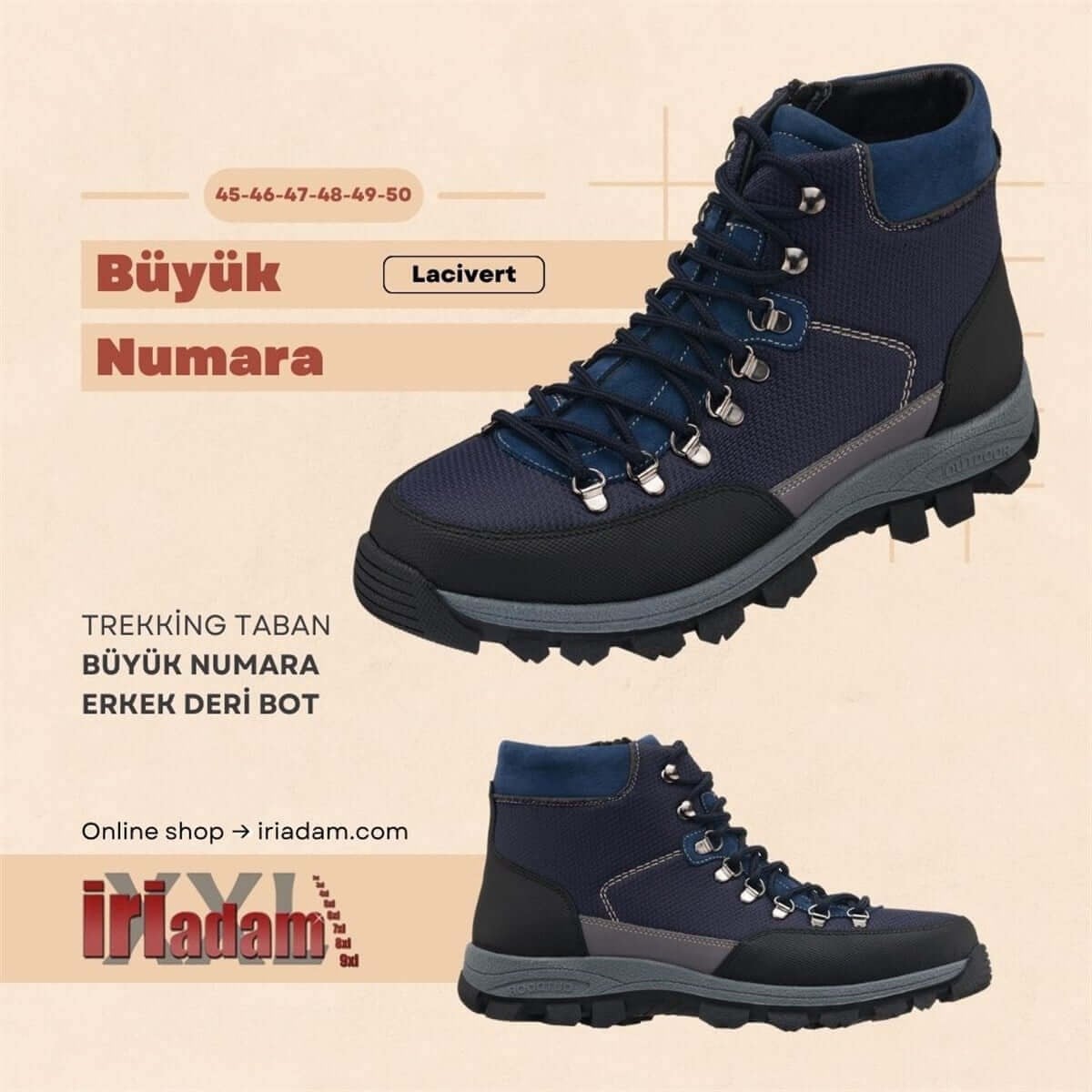 İriadam AG1071 lacivert botun Gorateks, Extra H kalıp, pedli boğaz ve 6 sabit 2 kancalı bağını sunan tanıtım görseli