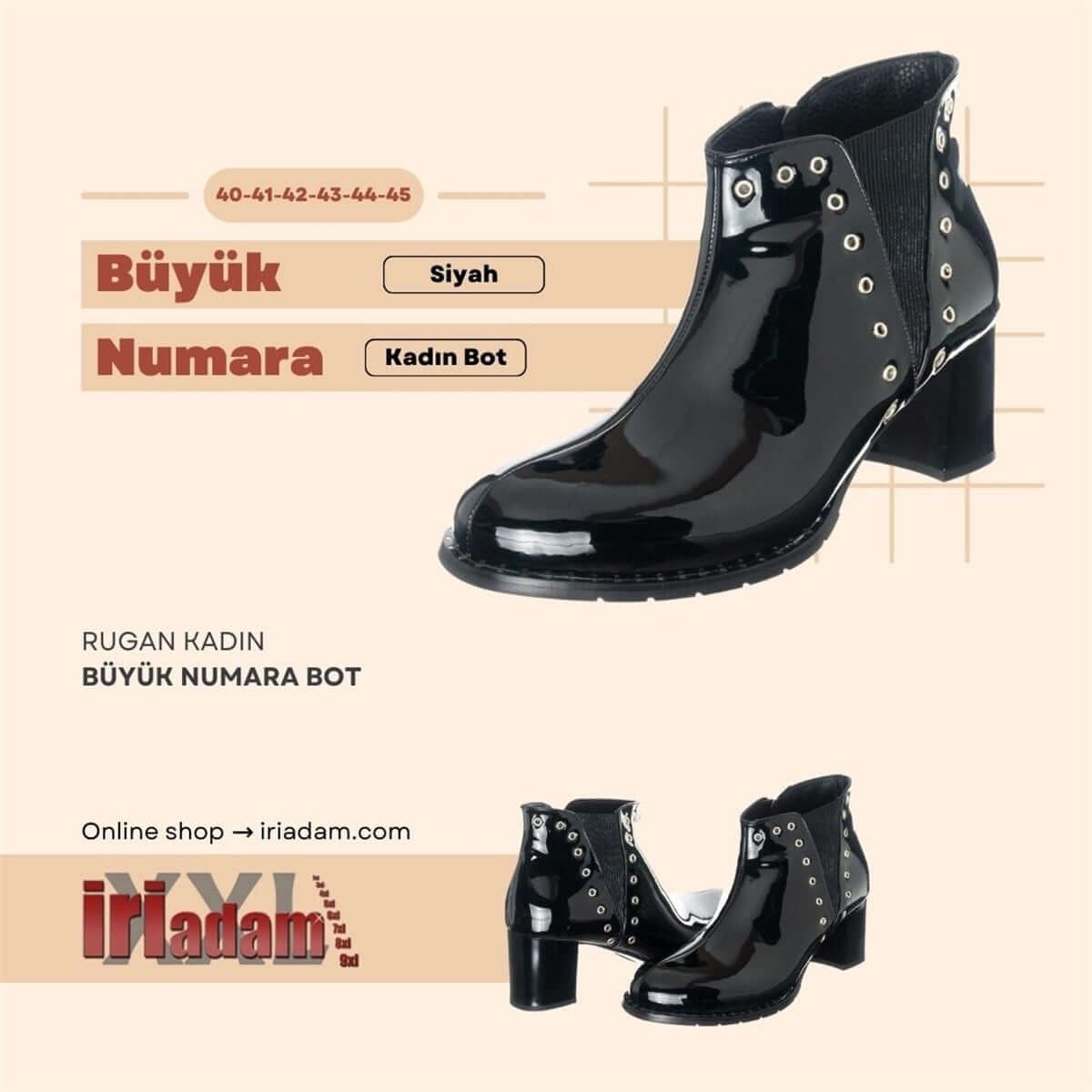 İriadam K268 siyah büyük numara kadın bot reklam görseli, 40-44 numara H kalıp, yuvarlak burun ve topuklu şehir stili