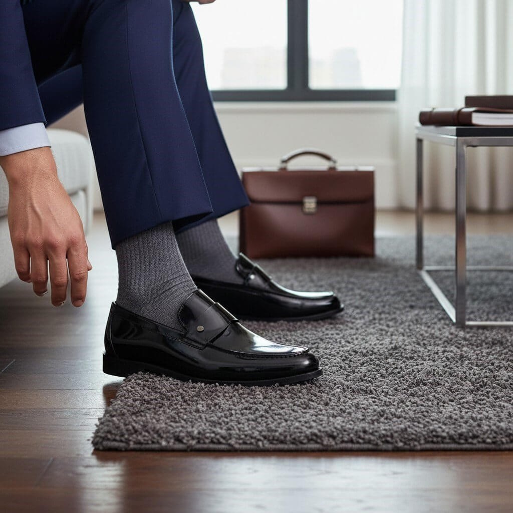 KD0695 siyah rugan loafer oturan mankende lacivert kumaş pantolonla